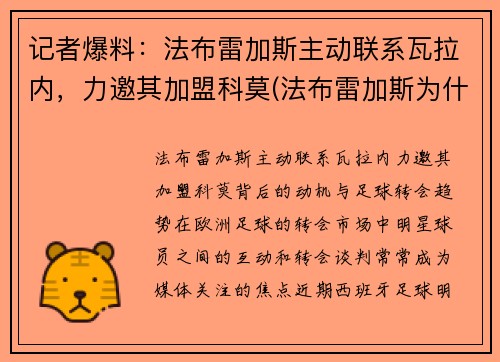 记者爆料：法布雷加斯主动联系瓦拉内，力邀其加盟科莫(法布雷加斯为什么去摩纳哥)