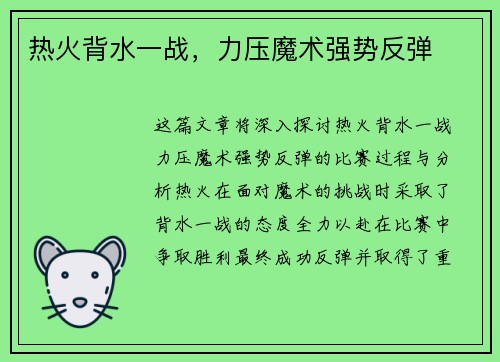 热火背水一战，力压魔术强势反弹